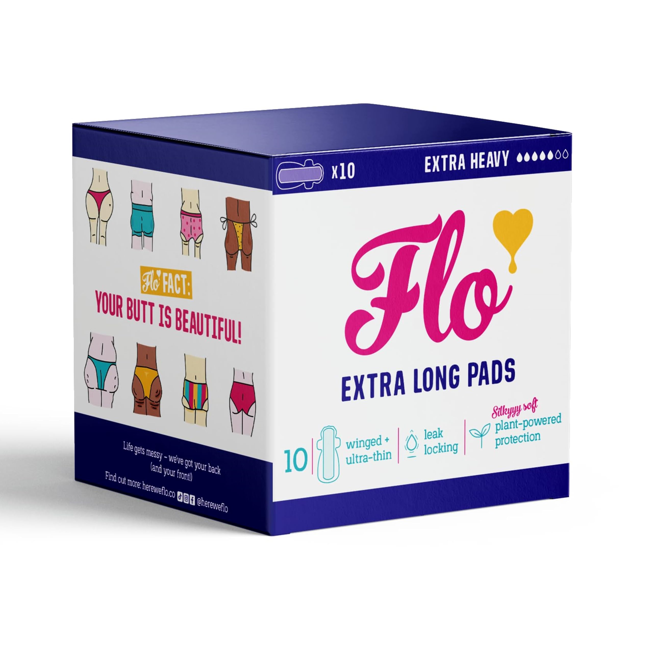 Flo Bamboo Extra Long Period Pads with Wings (10 Pads) - Ultra Absorbent, High Protection