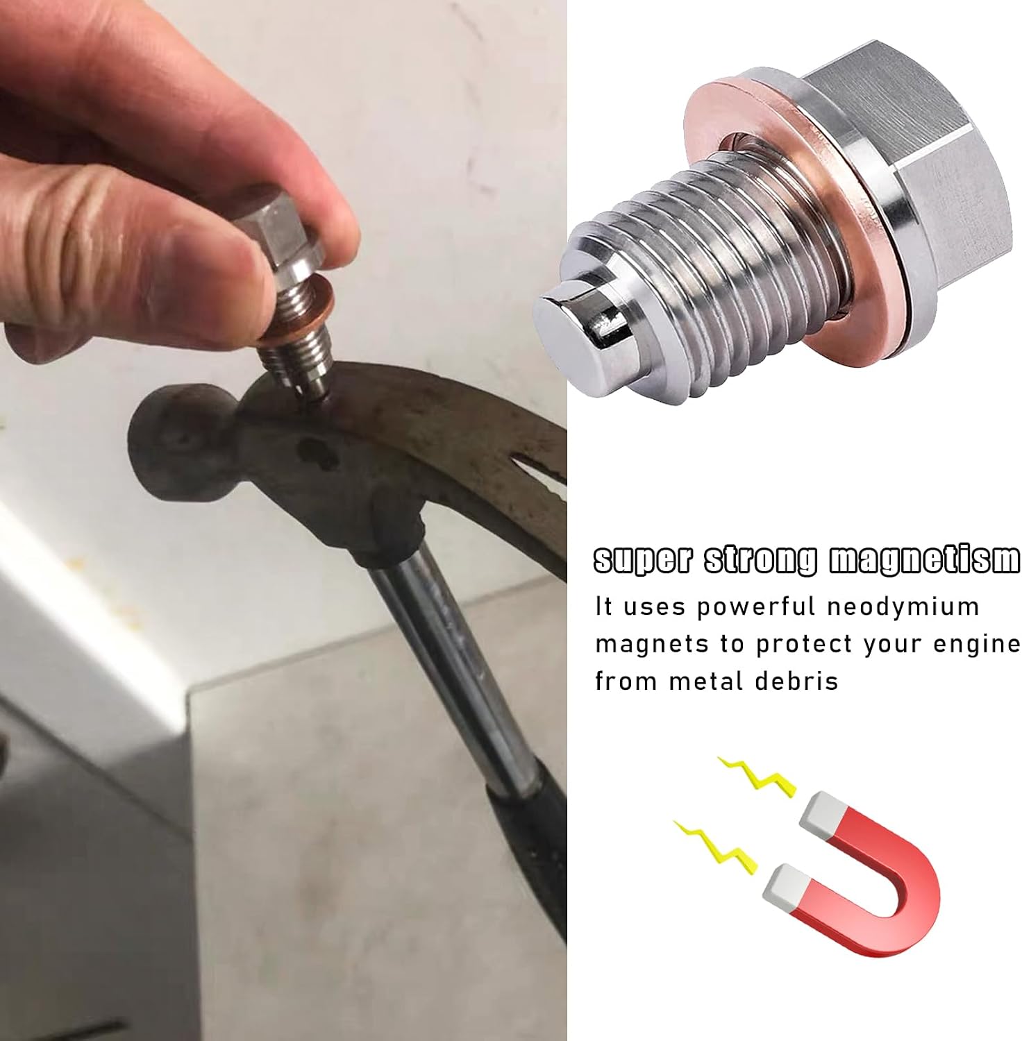 povtii M12 x 1.5 Magnetic Oil Drain Plug, Stainless Steel Sump Drain Nut Bolt with 5 Crush Washer Gaskets, Leak-proof Oil Drain Plug Replacement for Most Vehicles, Car Accessories image 3