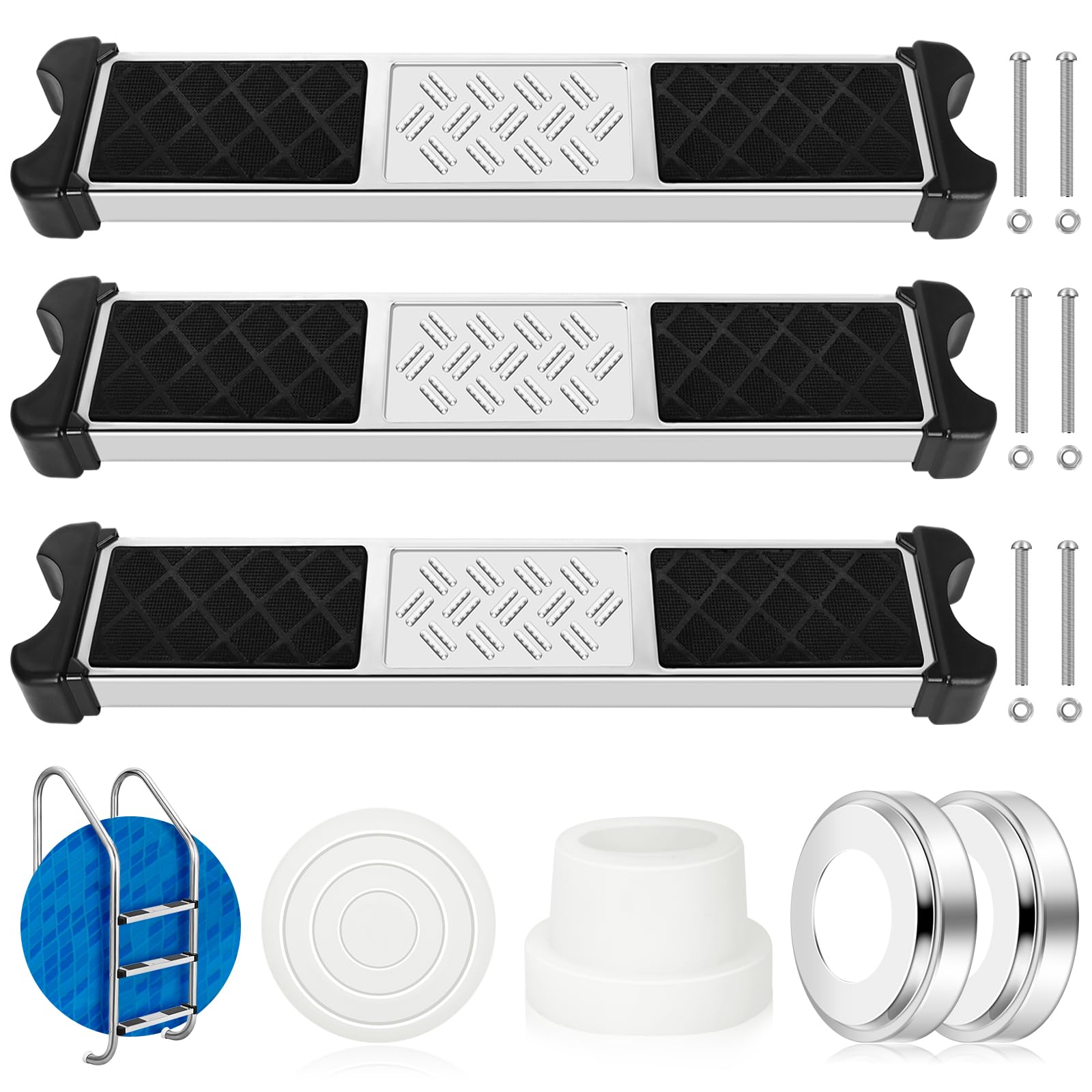 3Pcs Stainless Steel Pool Ladder Steps with Pool Ladder Escutcheon & Pool Ladder Bumpers Non‑Slip Swimming Pool Replacement Ladder Rung Step Swim Stairs Pedal Pool Ladder for Above Ground Inground-image-41