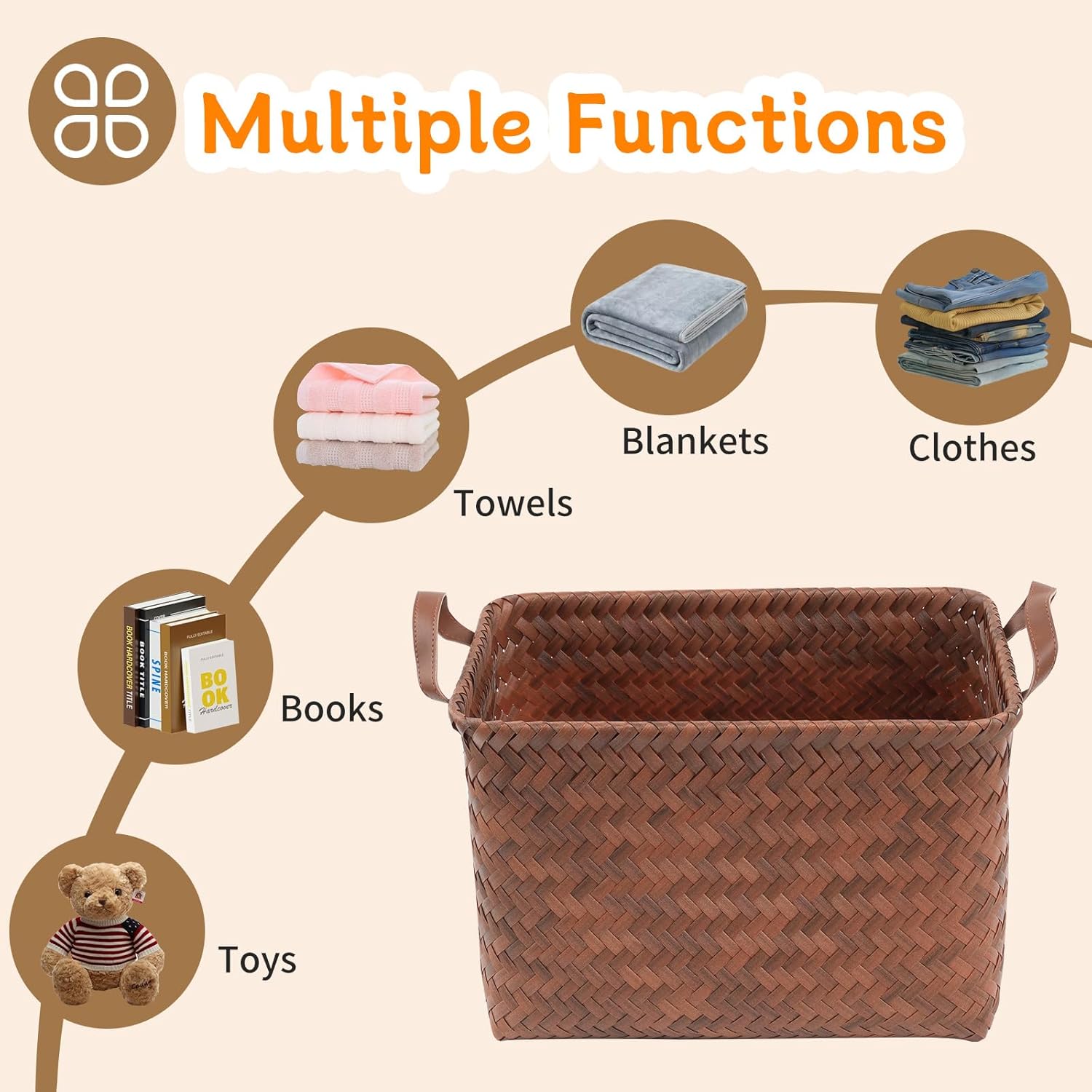 4-Pack Brown Wicker Storage Baskets , 15x10.5x9.5 inch Laundry & Organizer Bins, Woven Hamper for Shelves, Blankets, Towels, Home Decor