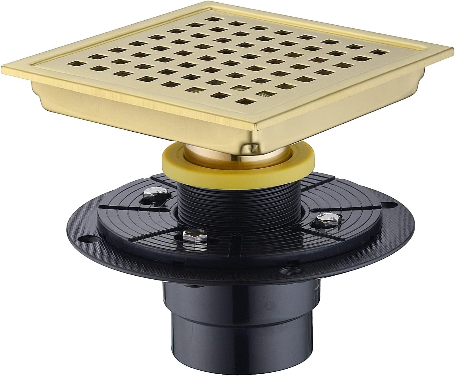 SYOSI 6 Inch Square Shower Floor Drain with Base Flange, Food-Grade SUS 304 Stainless Steel, Adjustable Adapter Drain Strainer with Removable Mesh Grille, Brushed Gold Brass