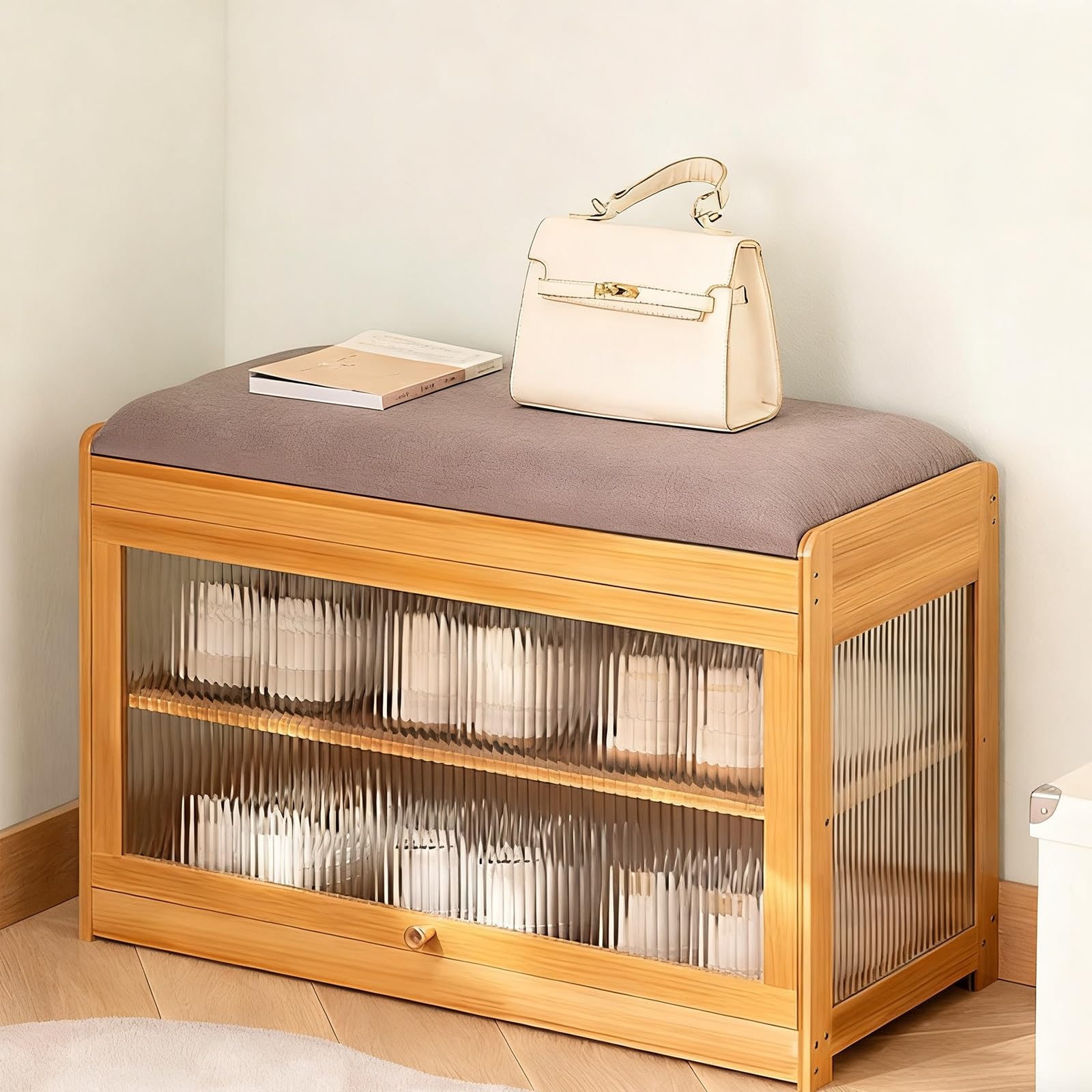 Banc d'entrée avec rangement pour chaussures et assise rembourrée
