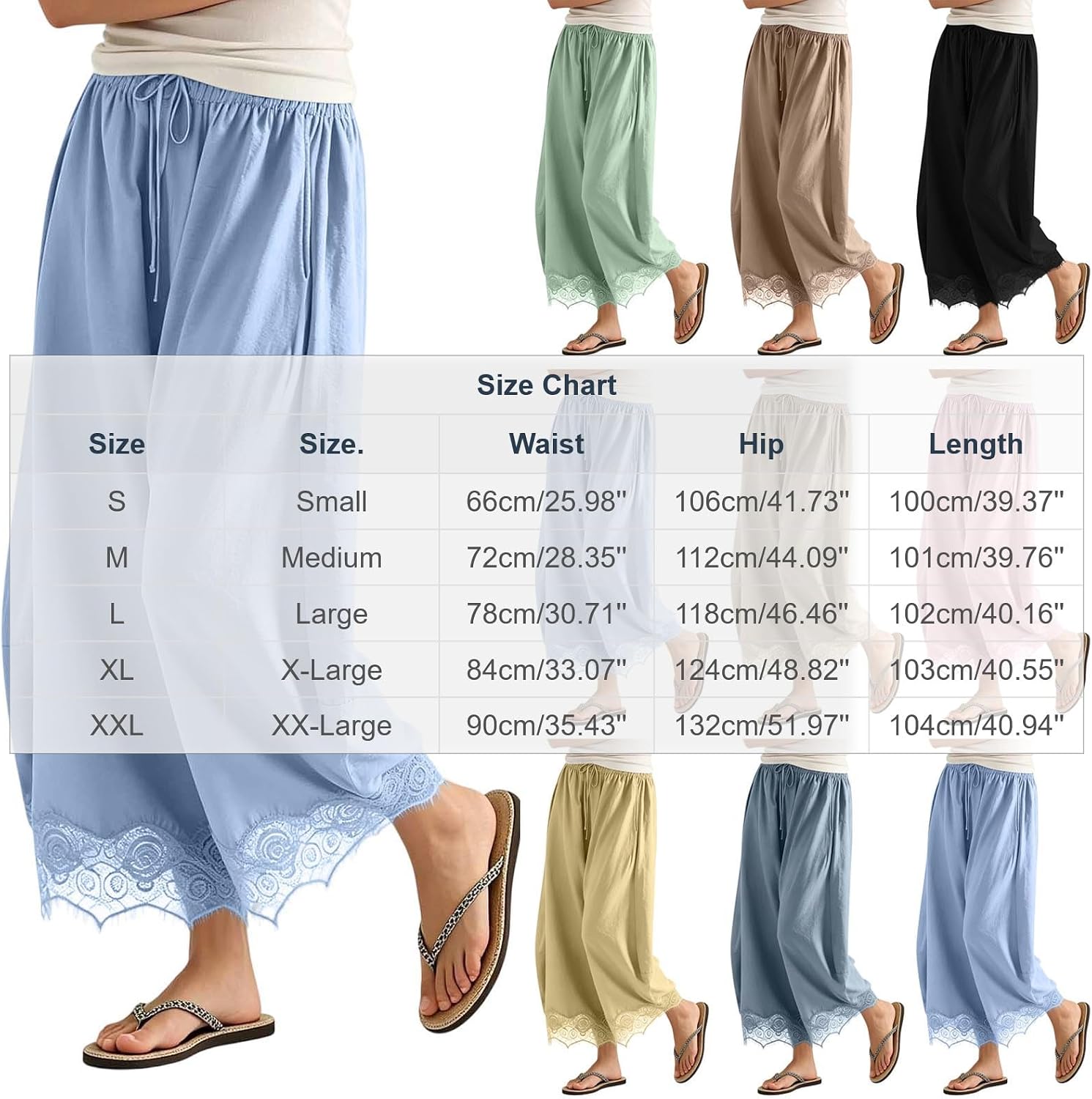 Women's Cropped Lace Hem Pants Comfy Summer Boho Drawstring High Rise Capris Pant Baggy Flowy Wide Leg Lounge Trousers