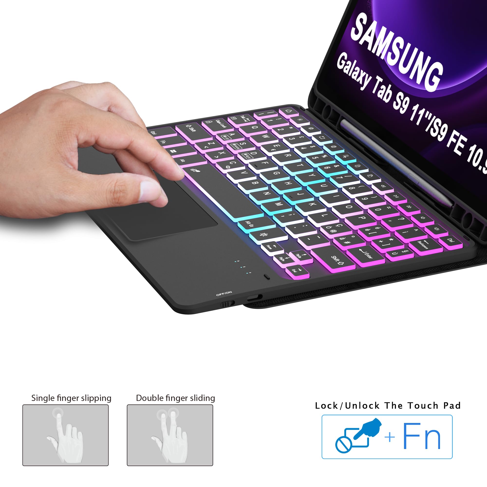Custodia con tastiera per Samsung Galaxy Tab S10 Lite 2025/S10 FE/S9 FE/S9 10.9": tastiera retroilluminata 7 colori con trackpad Intelligente - tastiere wireless rimovibile con Layout italiano QWERTY