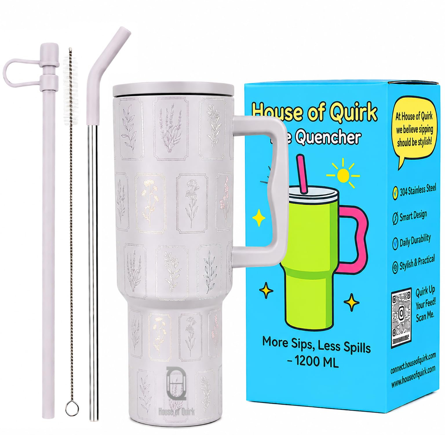House of Quirk 1200ML Stainless Steel Tumbler with Handle & Lid, 2 Straws – Large Travel Mug Water Cup for Gym, Office & Outdoor Use (Oat Flora)