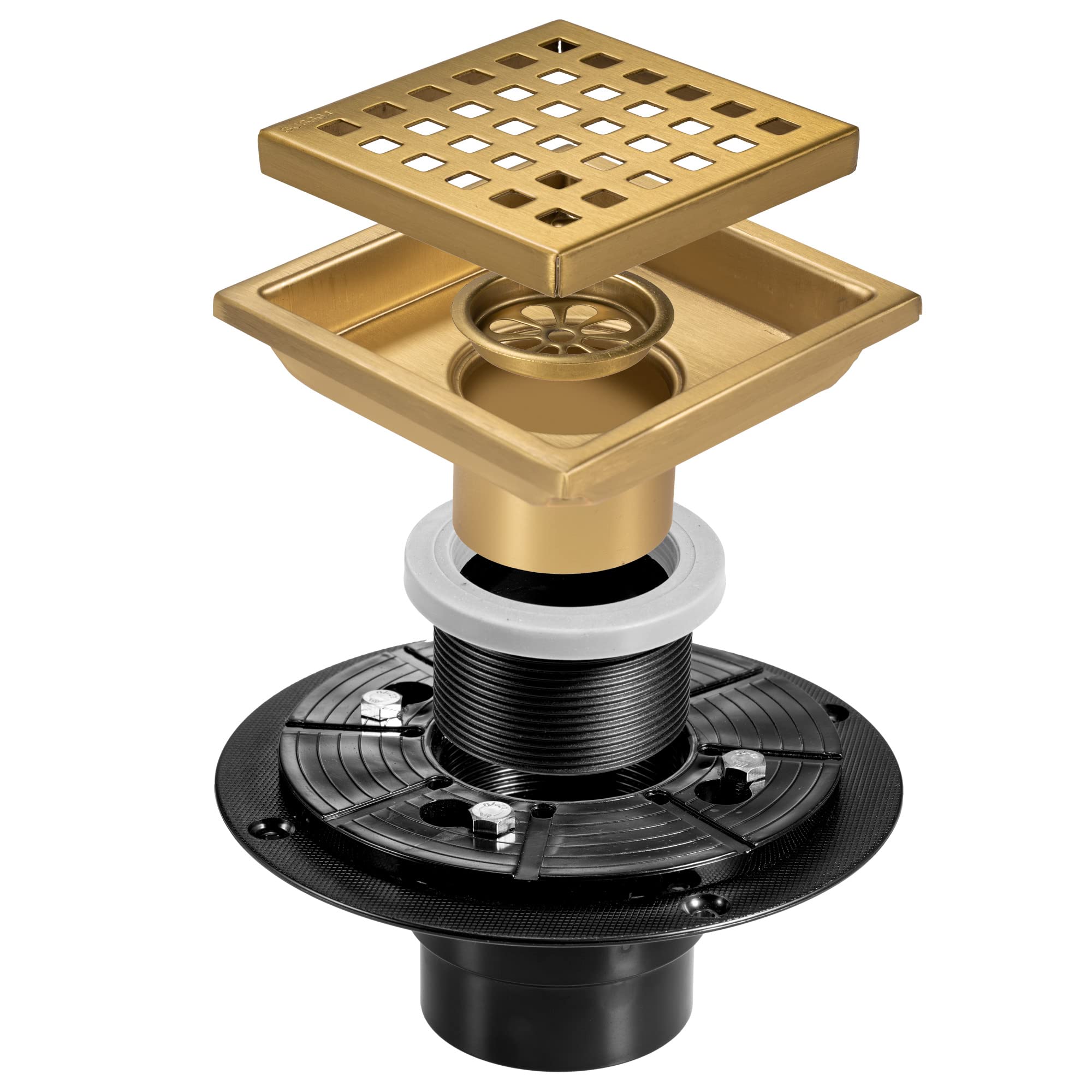 4 Inch Square Shower Floor Drain, Stainless Steel Flange with Removable Grid Cover Hair Strainer, Golden Brushed Nickel