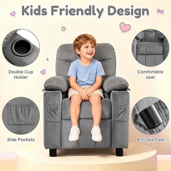 Kids Recliner, Toddlers Kids Recliner Chair with Cup Holder, Ergonomic Adjustable Velvet Lounge Chair with Footrest & Side Pockets, Toddlers Baby Sofa for Boys Girls Bedroom (Gray)