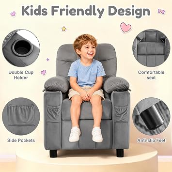 Kids Recliner, Toddlers Kids Recliner Chair with Cup Holder, Ergonomic Adjustable Velvet Lounge Chair with Footrest & Side Pockets, Toddlers Baby Sofa for Boys Girls Bedroom (Gray)