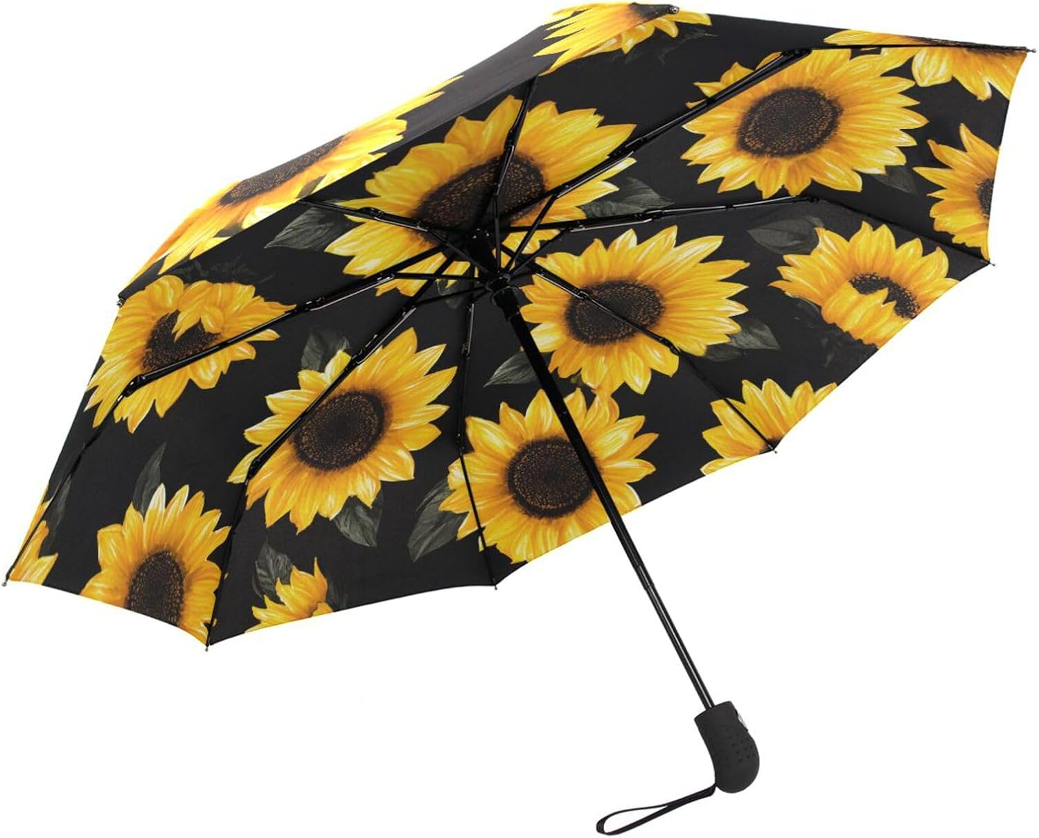 Black Sunflower Travel Umbrella Floral Totes Auto Open Close Windproof Compact Folding Reverse Umbrella Portable for Girls Women