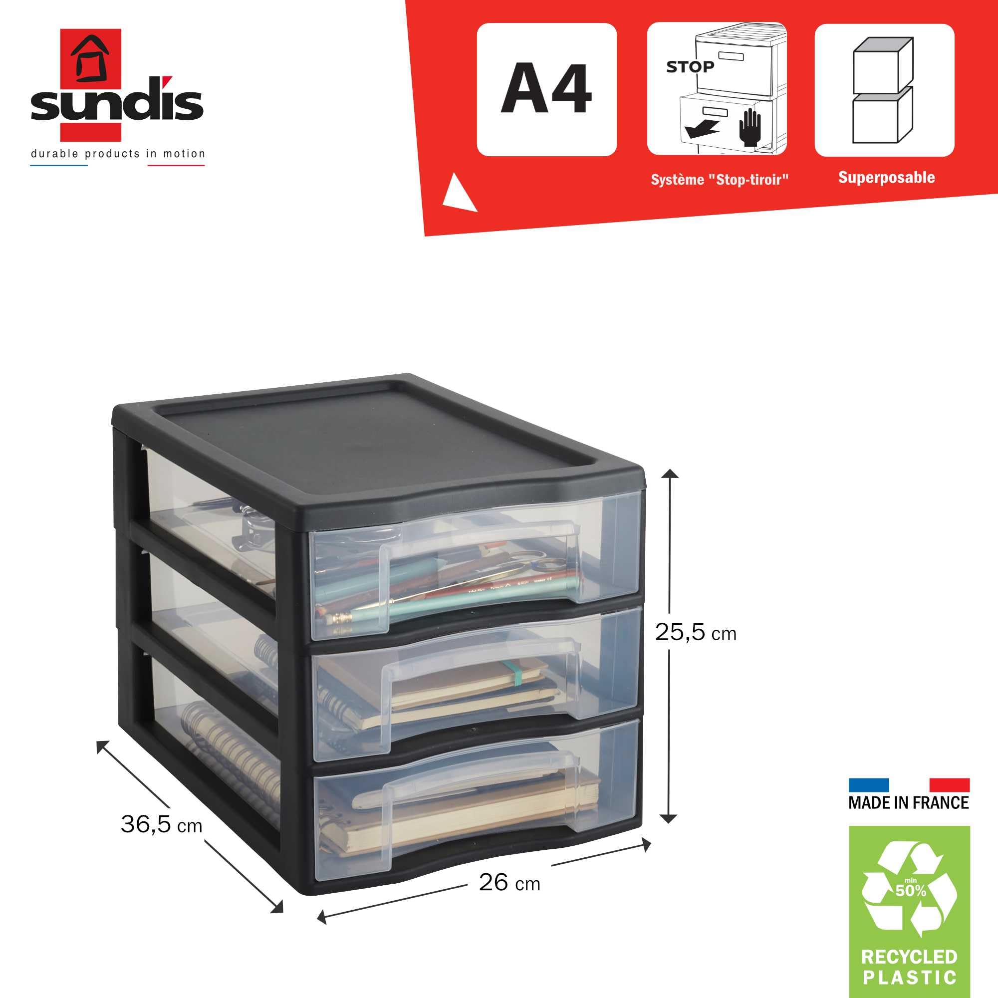 SUNDIS Tag Tower, mała czarna plastikowa wieża do przechowywania, z 3 przezroczystymi szufladami w formacie A4, wysokość 25,5 cm, możliwość nakładania na siebie, idealna do przechowywania na biurko,