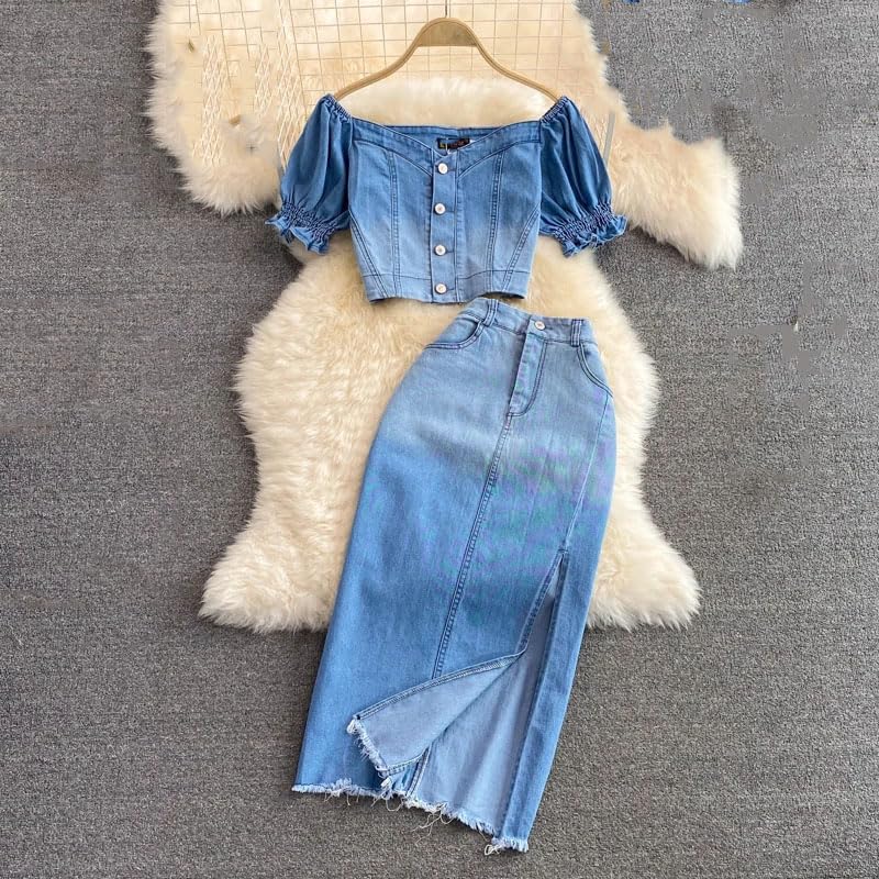 Women Gradient Color Crop Tops And High Waist Split Skirt Women Outfit Set Denim Skirts Suits2