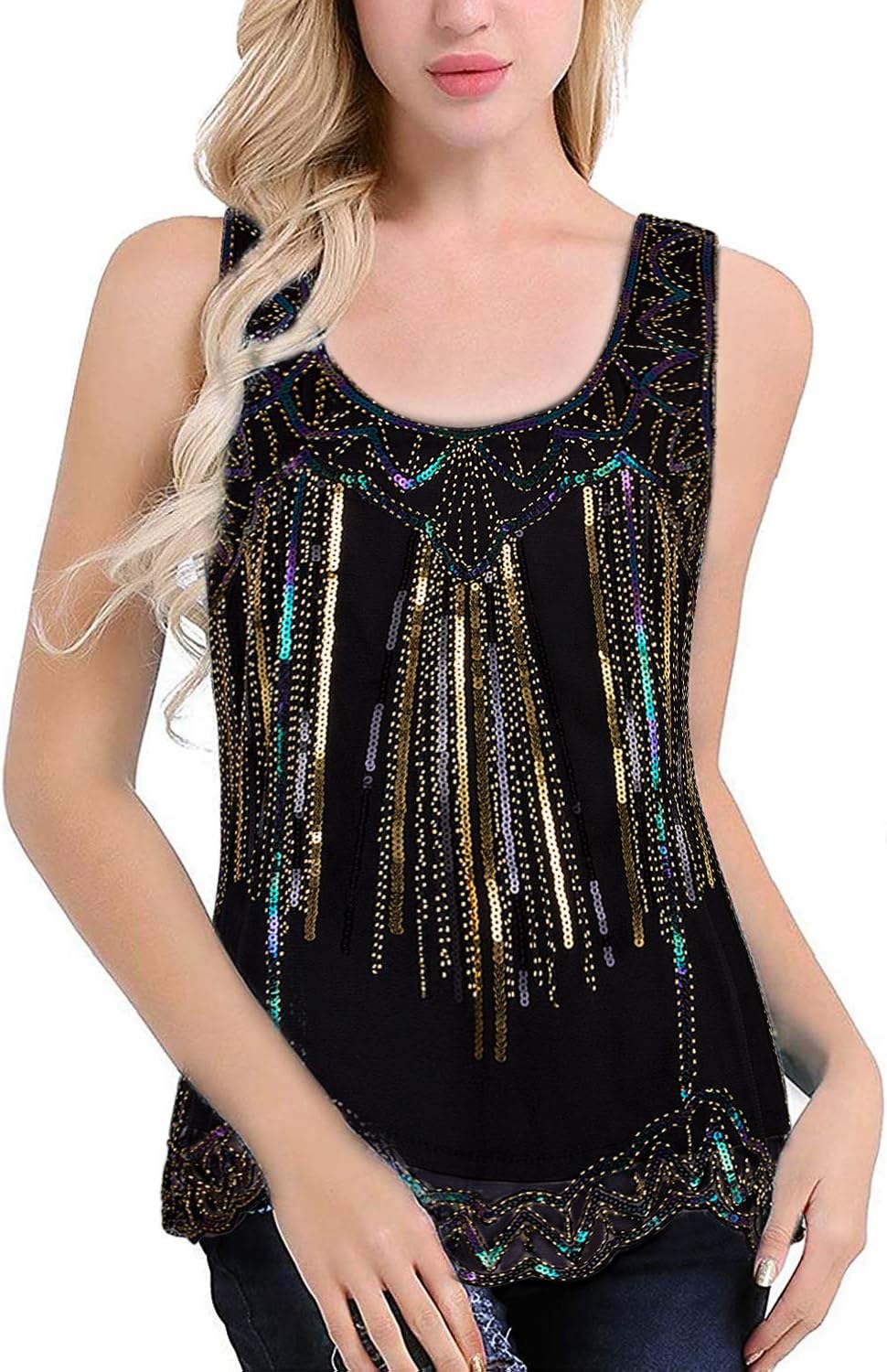 Vijiv Womens 1920s Vintage Beaded Tops Art Deco Sleeveless Embellished Sparkly Sequin Vest Tank Top - Image 2