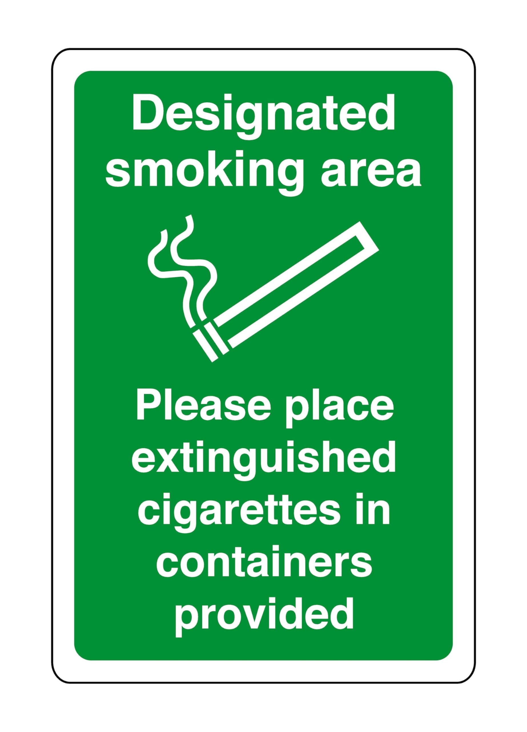 Safety First Display Ltd Green/White Designated Smoking Area Please Place Extinguished Cigarettes In Containers Provided - Safety Sign - 1.2Mm Rigid Plastic For Indoor/Outdoor Usage (200Mm X 150Mm) Viewing Distance Within 5M.