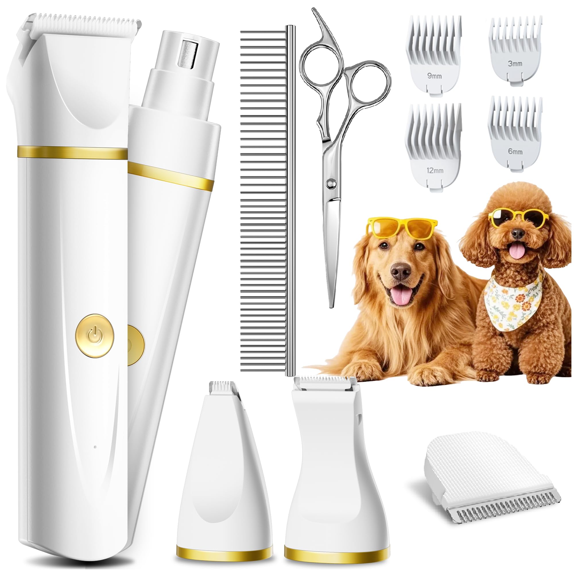 Unibono Pet Grooming Clipper Kit for Dog & Cat- Quiet Rechargeable 7000RPM Motor, Detachable Cutting Heads, IPX7 Waterproof, White