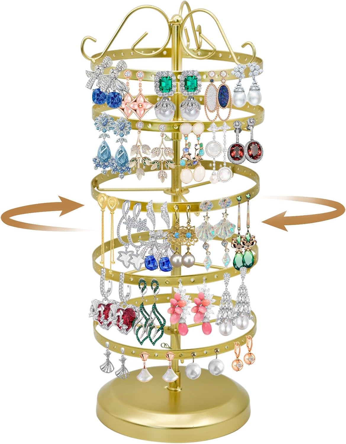 MrMrKura 5 Tiers Rotating Earring Holder Organizer, Adjustable Earring Stand Organizer with 220 Holes, Metal Jewelry Display Stand for Women (Gold)
