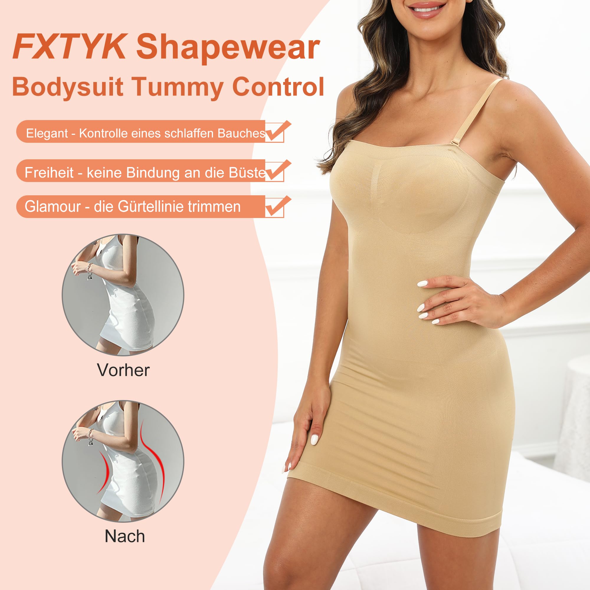 TräGerlos Bauch-Control Kleid Unterkleid Shapewear Damen Stark Formend Body Unterrock Kleider FüR Damen Abnehmbare Schulterriemen Camisole Shaping Full Slips Dress