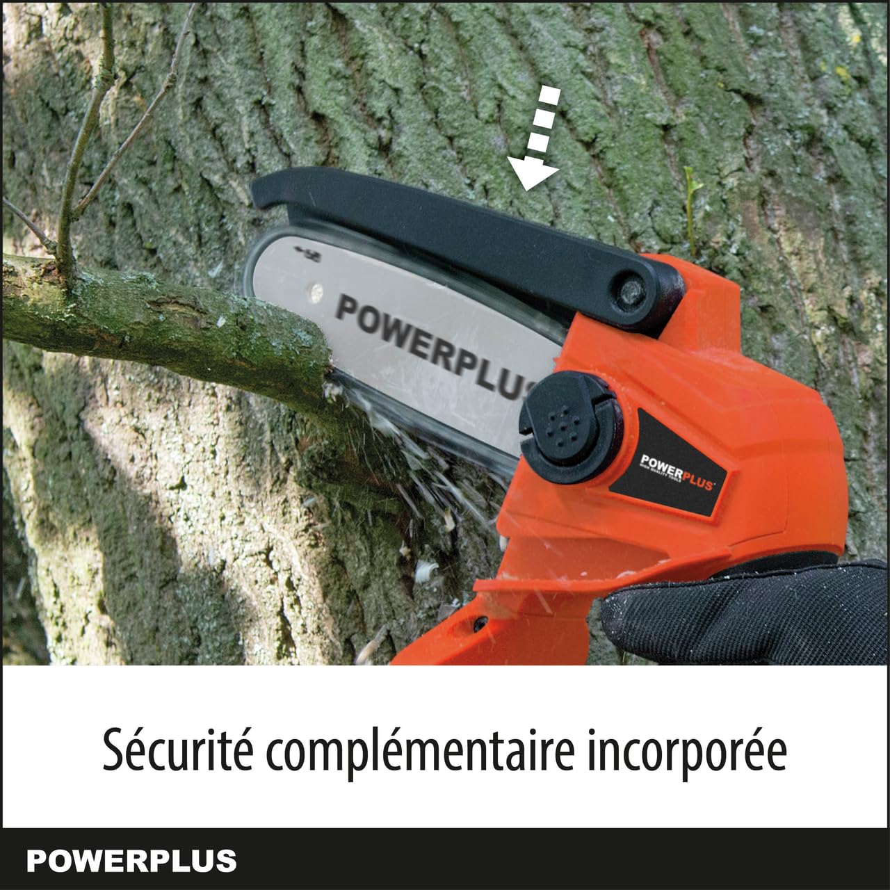 POWERPLUS POWDPG7572-20V Chainsaw demonstrating chain guard safety feature