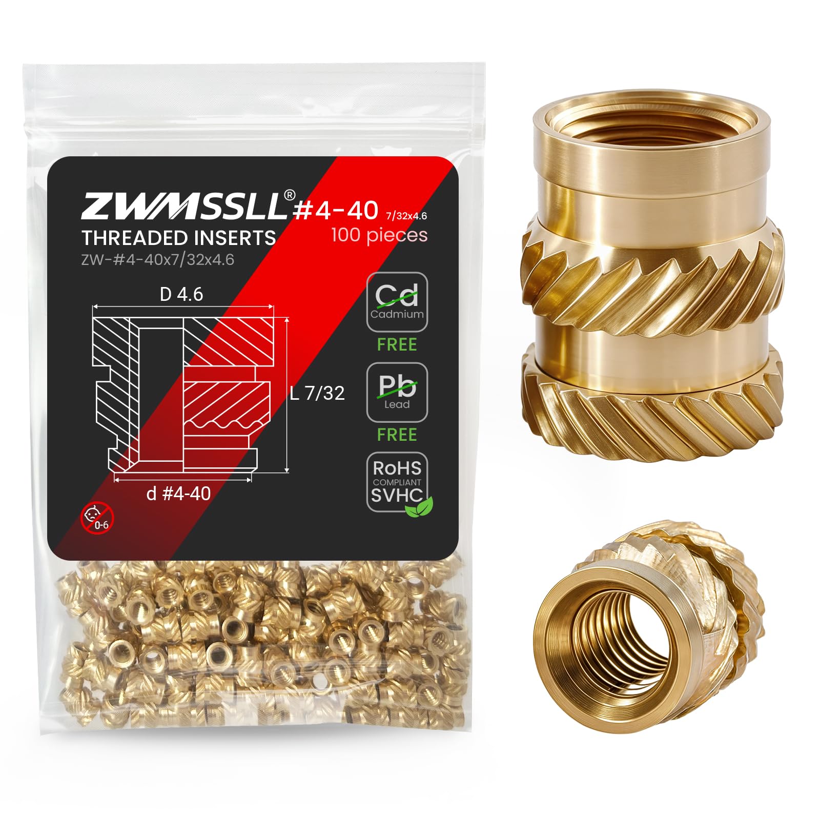 ZWMSSLL #4-40 Heat Set Threaded Inserts,100 Pieces 4-40x7/32x4.6-Inches Brass Heat Set Insert for Plastic Parts,UNC knurled Nuts,Insert by Heat into 3D Printing Components — image 1
