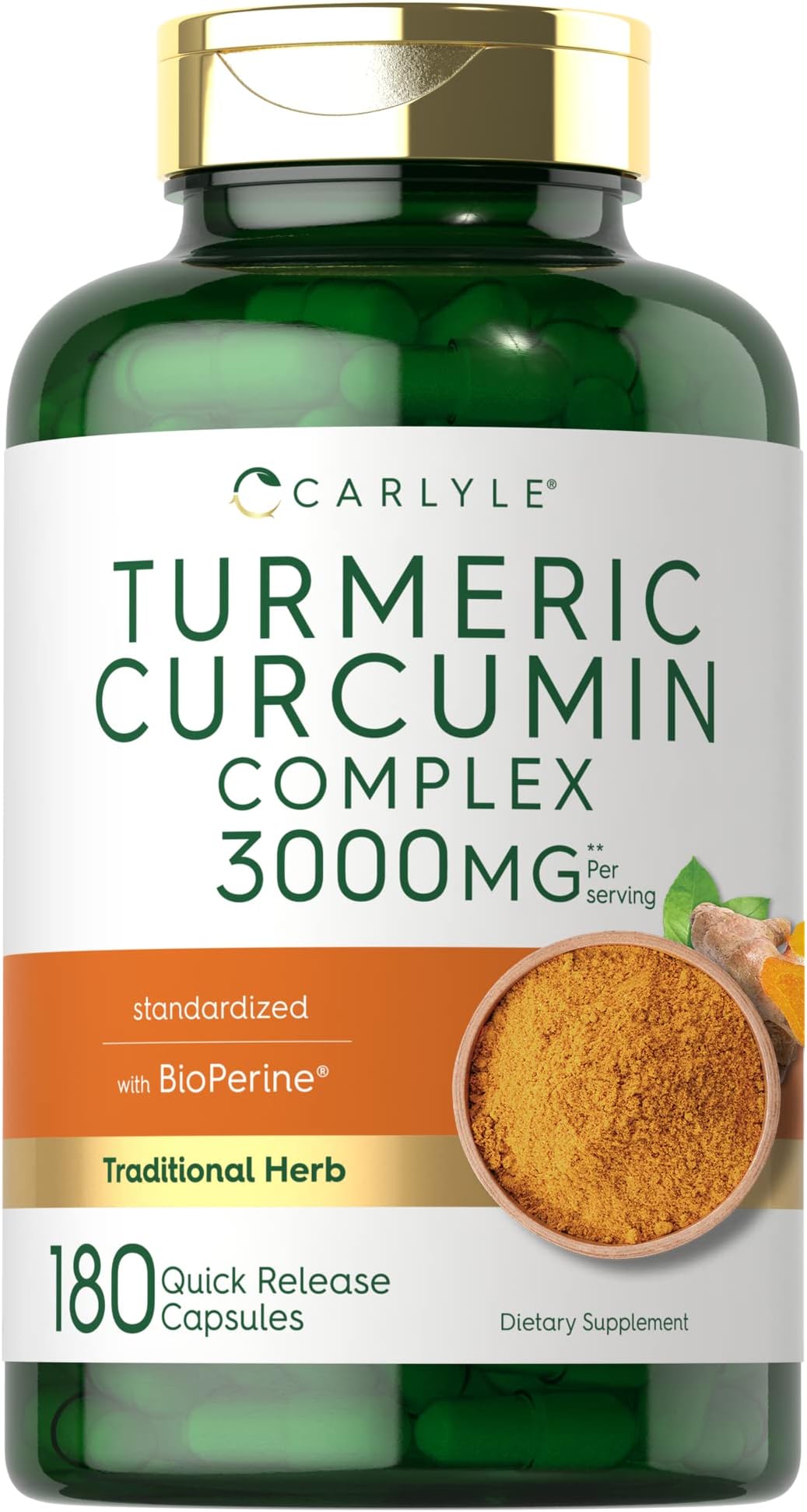 Turmeric Curcumin Supplement | 180 Capsules | with Black Pepper, Curcuminoids and Bioperine | Non-GMO, Gluten Free