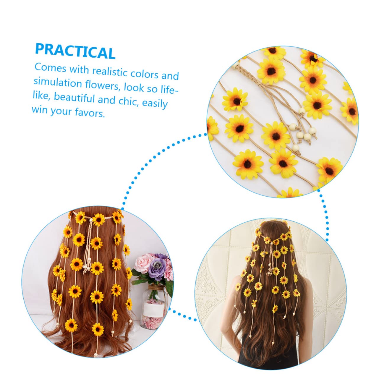 Bandeau à Fleurs Tournesol Réglable en Tissu pour Cheveux, Coiffe Festive