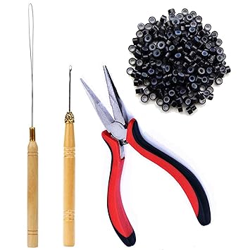BELLA HARARO Hair Extensions Pliers Pulling Hook Bead Device Tool Kits Set With 200PCS Black Silicone Lined Micro Rings