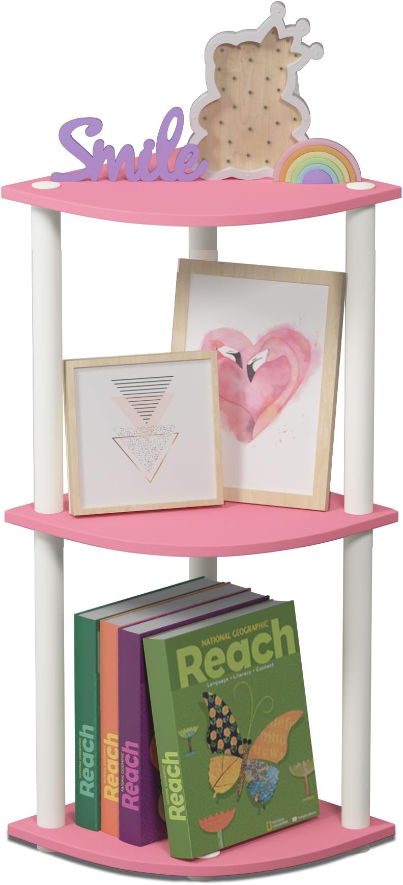 TURN-N-TUBE Corner Shelf, 3-Tier Corner Bookshelf, Display Storage Shelves with Open Shelves, for Organization and Storage, Living Room, Home Office, Garage, Pink