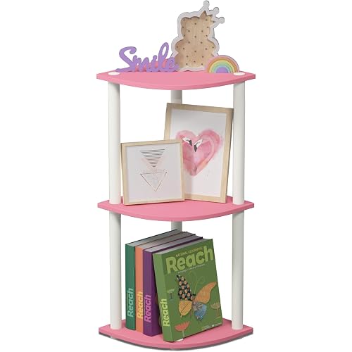 Furinno TURN-N-TUBE Corner Shelf, 3-Tier Corner Bookshelf, Display Storage Shelves with Open Shelves, for Organization and Storage, Living Room, Home Office, Garage, Pink