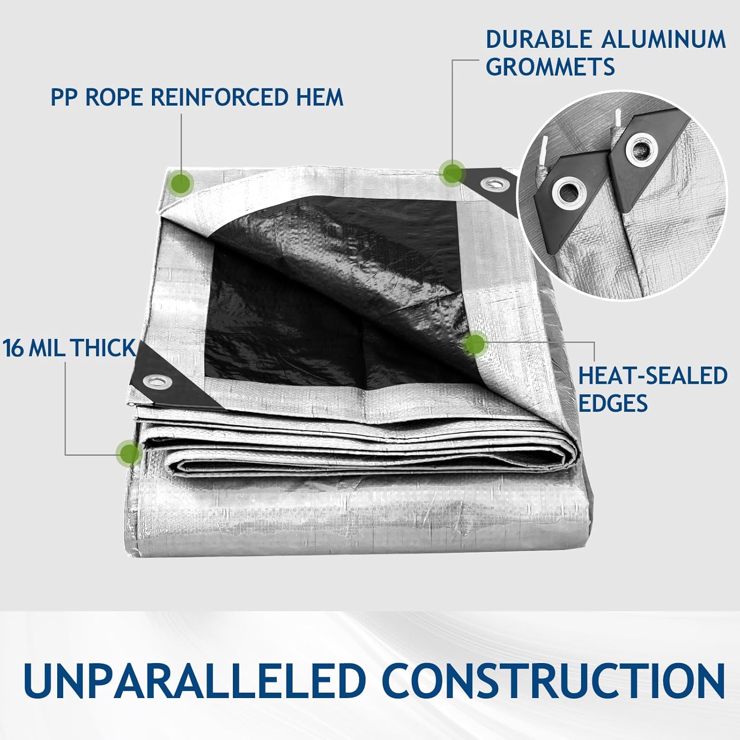 16 Mil Heavy Duty Waterproof Tarps, 16x20 Ft Finished Size Tarps, Premium Tarp with Metal Grommets & Reinforced Edge, Multipurpose Thick Poly Tar for Car, Boat, Roof, Camping - Silver