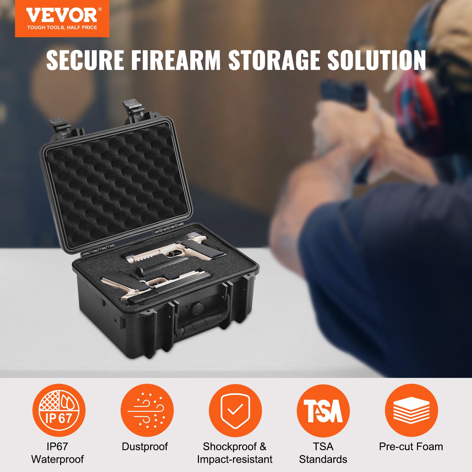 VEVOR Estuche rígido para Pistola con Espuma de PU Precortada para 2 Pistolas Resistente al Agua y Polvo, 365 x 295 x 197mm, Estuche para Pistola con Cerradura se Puede Llevar en Tren, Avión, Negro