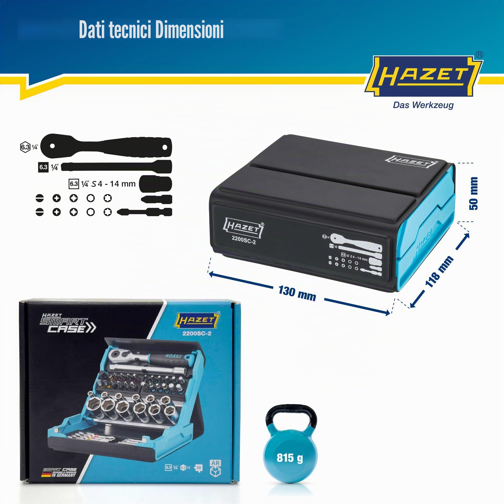 Set di chiavi a bussola HAZET SmartCase 2200SC-2 | Set di chiavi a bussola da 50 pezzi, attacco: esagonale e quadrato 6,3 mm (1/4 di pollice), valigetta portautensili mobile Made in Germany