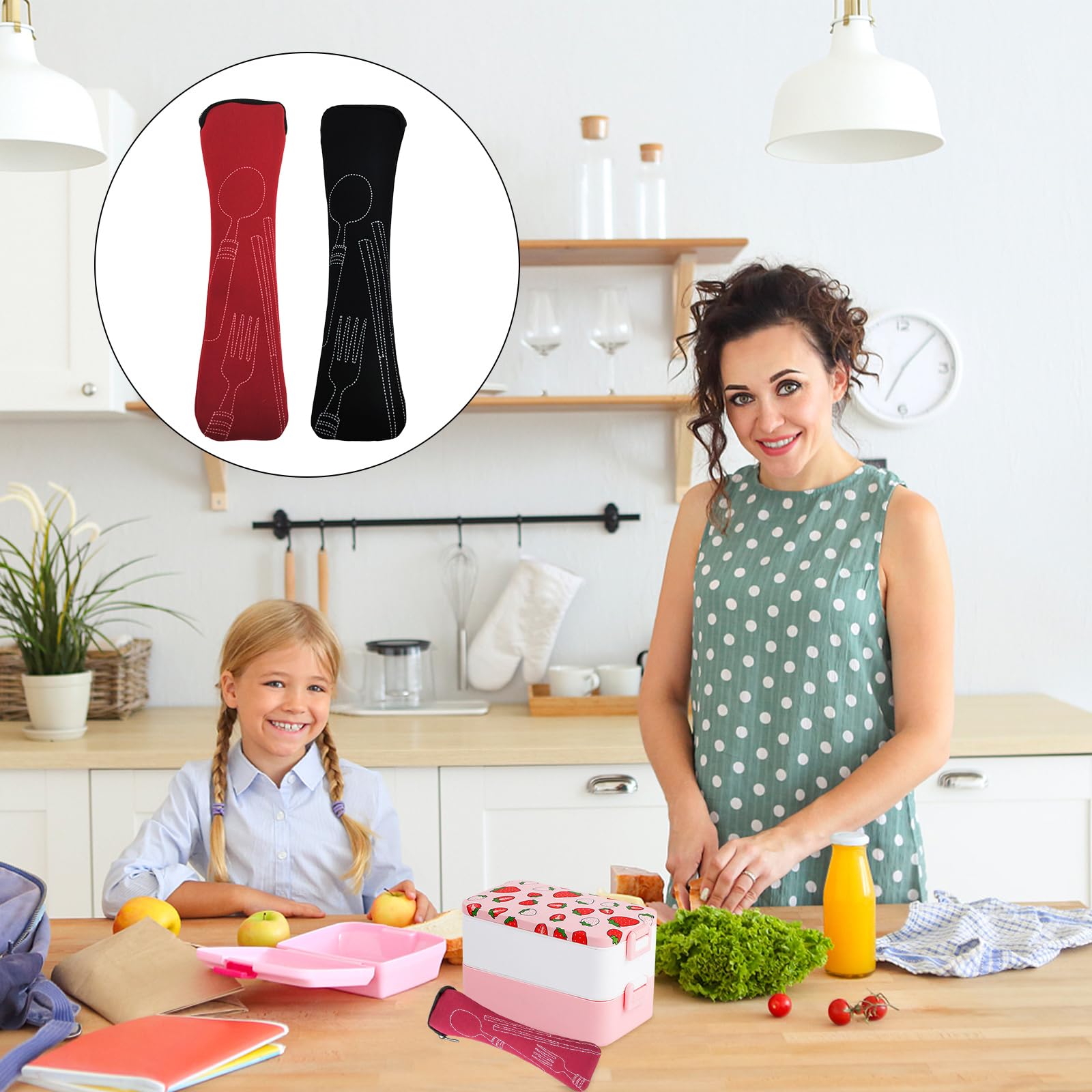 SwirlColor Torba na sztućce w podróży, pusta, 2 sztuki, długa walizka na sztućce, przenośna, bez sztućców, do szkoły, na piknik, do przechowywania sztućców, czerwona, czarna (23,5 x 6 cm)
