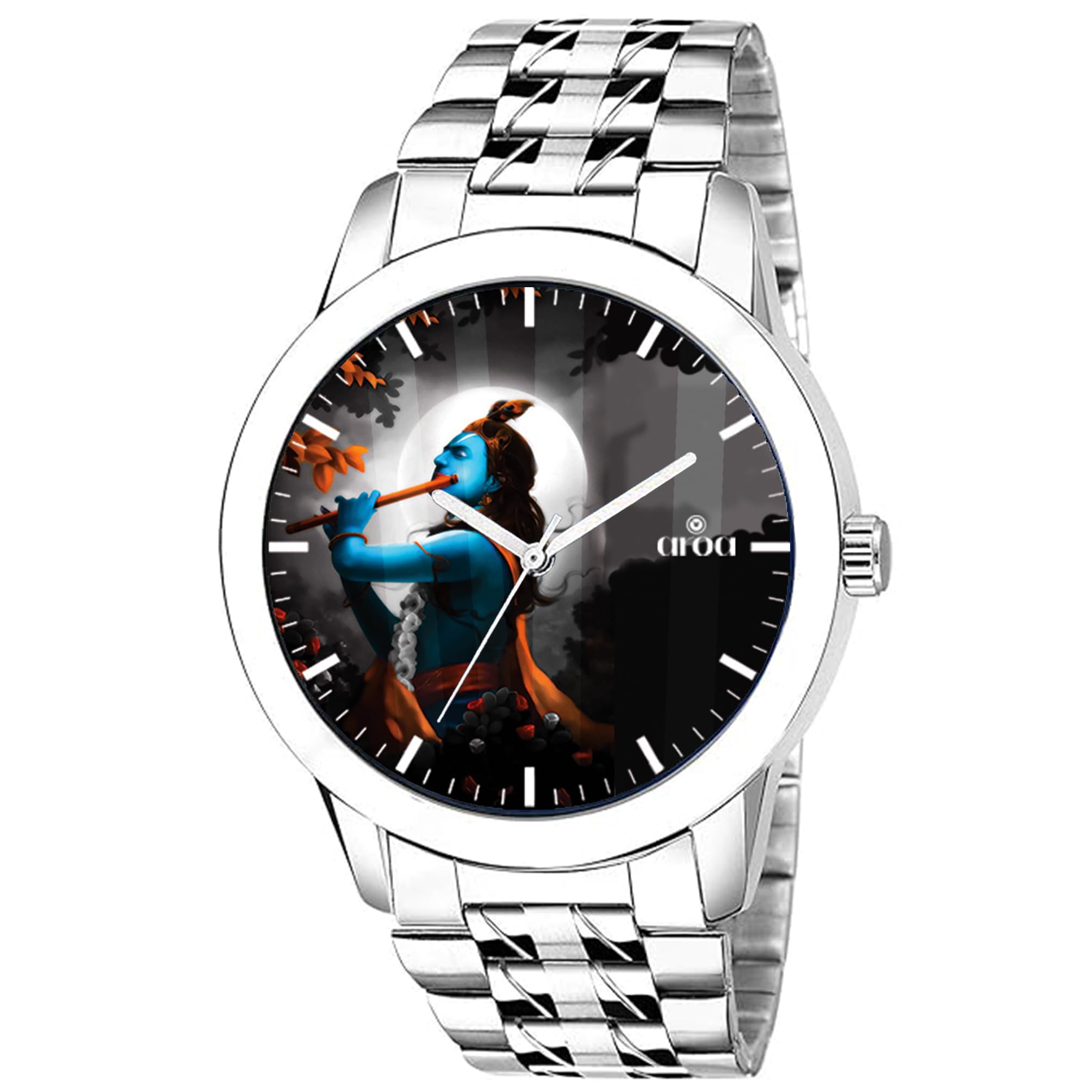 AROA Watch for Men with Krishna God Moonlit Watch Model :SS/71/203 in Steel Metal Type Stainless Steel Strap Analog Watch Black Dial for Men Stylish Watch for Boys