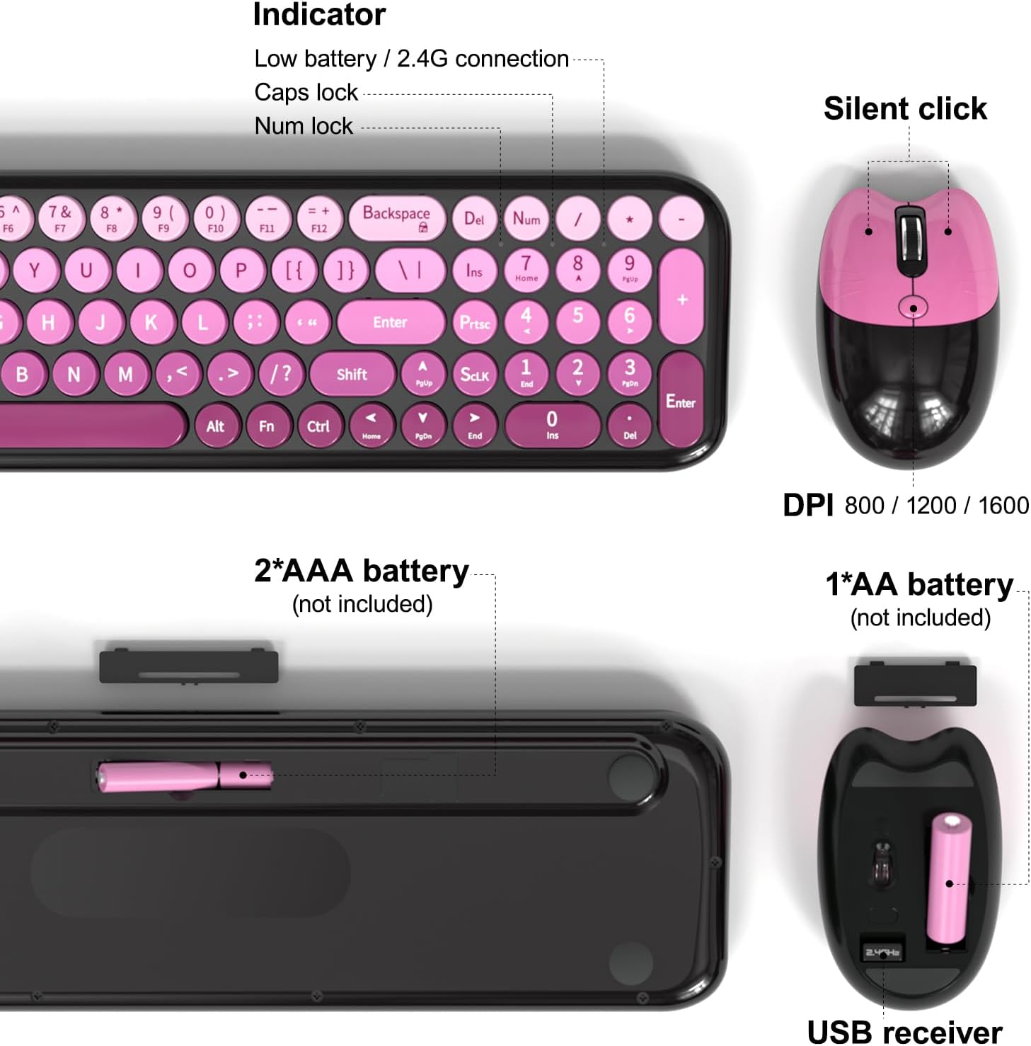 Dilter Wireless Keyboard and Mouse Combo, Portable Retro Keyboard with Compact Size, 2 in 1 USB Connected Mouse for Windows 7/8/10, Laptop, Desktop, PC, Computer (Black Pink)