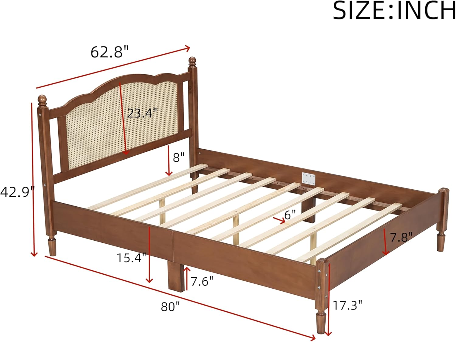 Merax Queen Bed Frame with Rattan Headboard, Vintage Farmhouse Wooden Platform Beds for Bedroom and Guest Room, No Box Spring Needed, Walnut