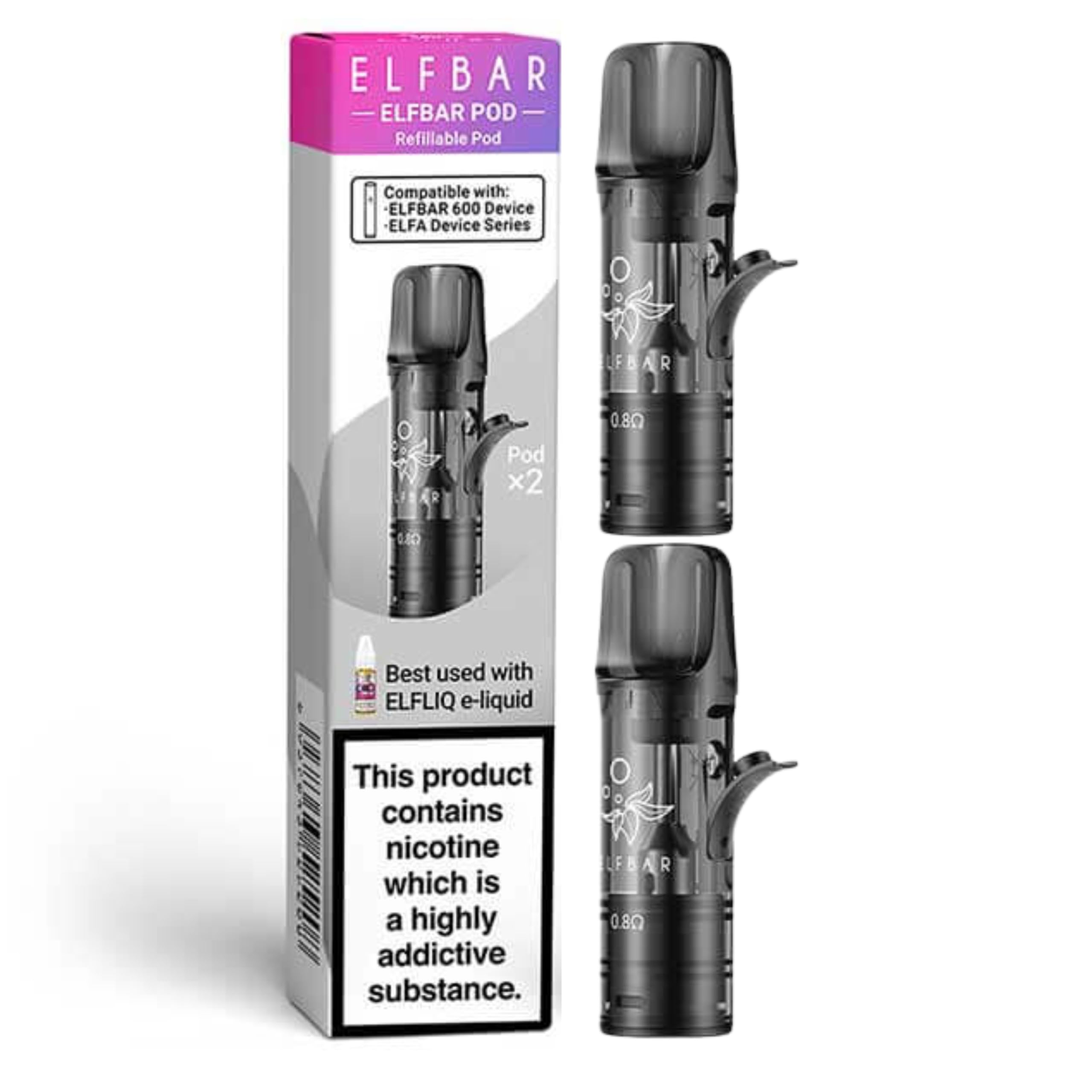 Elfbar 600 Empty Refillable Pods (0.8Ω 2 Pack) - 2ml Capacity - MTL Vaping - Compatible with Elf Bar 600, Elfa Pro, Elfa Turbo, Lost Mary Tappo & Hawcos x Crystal Pro Kit - No Nicotine