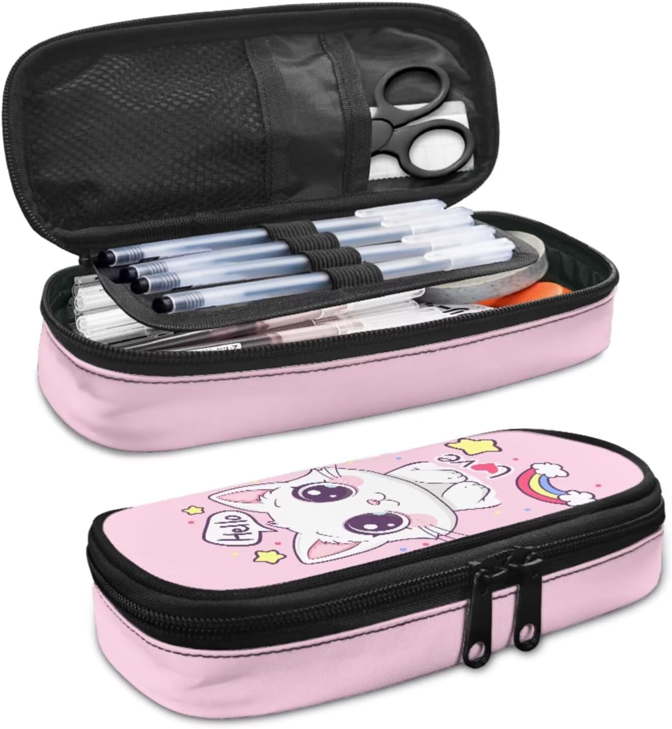 Cute Cat Backpack for Girls Kids Backpack with Lunch Box and Big Pencil Case 3 Pcs Set 15" Large Capacity Bookbag with Front Pocket for School Lightweight School Bag for Kindergarten Girl