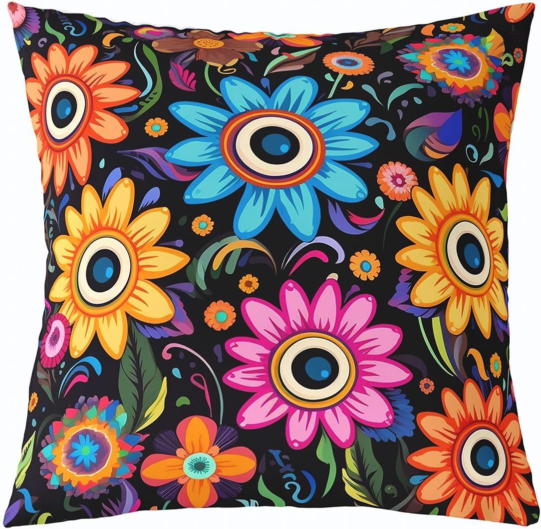 Vintage Groovy Flower Square Cushion Covers Set of 4 Retro Floral Boho Reversible Throw Pillow Covers Cases 70S Hippie Flowers Bohemian Throw Pillowcases for Sofa Couch Chair Floral 18 x 18-Inch