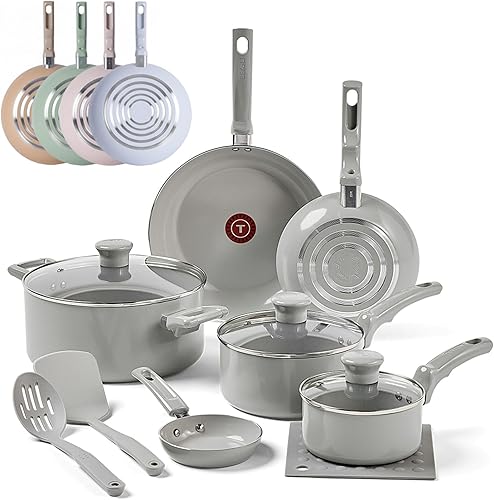 T-Fal Refresh - Juego de utensilios de cocina antiadherentes de cerámica, 12 piezas, incluye olla, plancha, sartenes, utensilios, gris luna