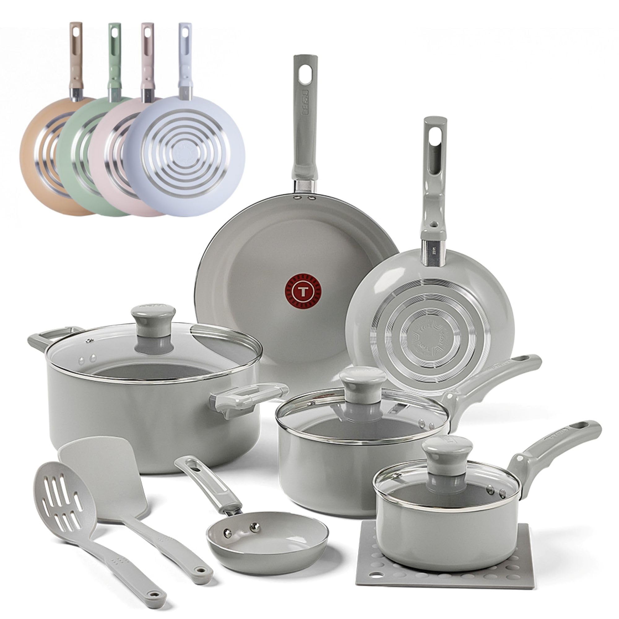 T-Fal Refresh Ceramic Nonstick Cookware Set, 12-Piece Ceramic Pots and Pans Set, Includes Stockpot, Griddle, Frying Pans, Utensils, Moon Grey