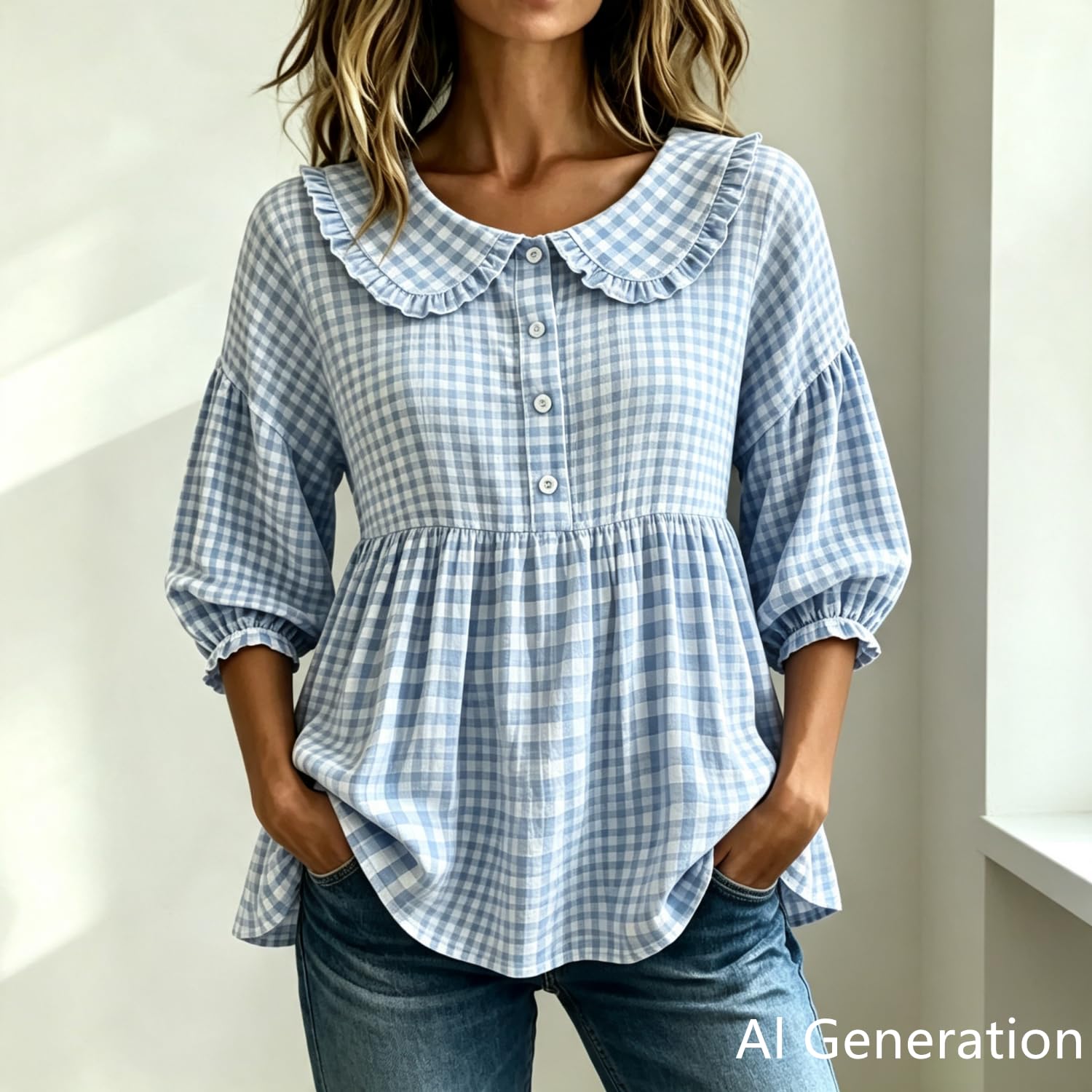 Blusa de cuadros para mujer, manga 3/4, abotonada, con botones y peplum