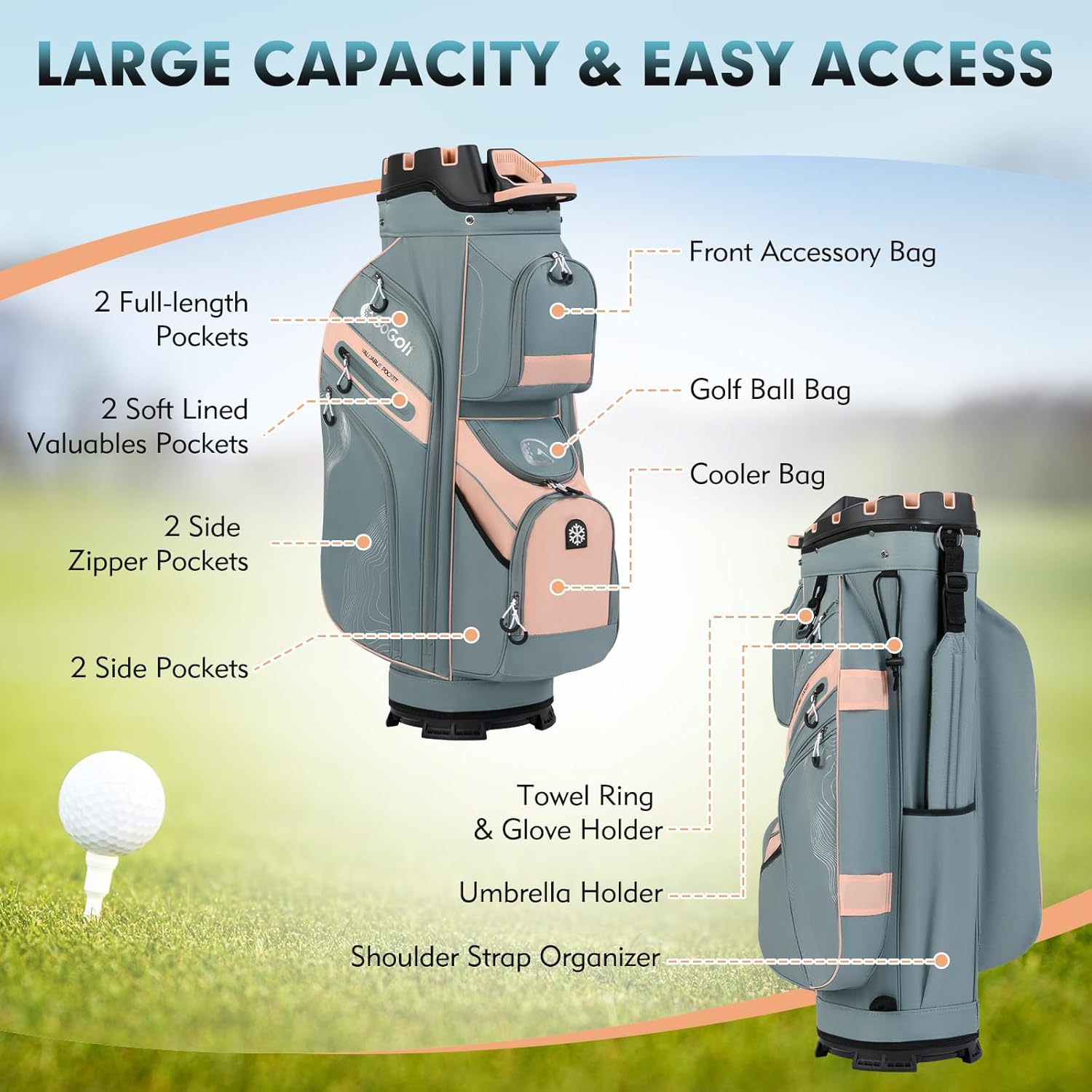 Tangkula Golf Cart Bag with 14-Way Full Length Dividers, 6 Molded Lock Top Golf Club Bag with 11 Pockets, Cooler Bag, Padded Strap, Handles, Umbrella Holder & Rain Hood