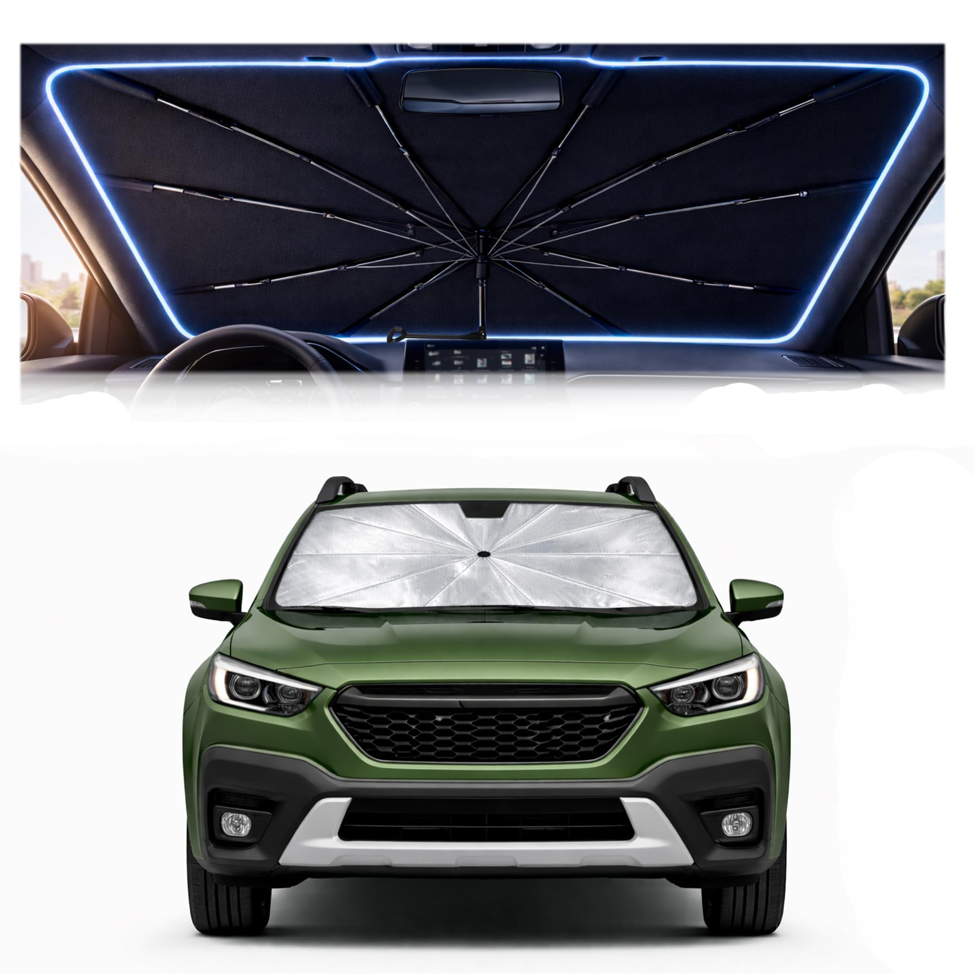 BONULI 2026 Upgraded Car Windshield Sun Shade Umbrella - Custom-Fit for Subaru Outback 2020-2026 Umbrella Sunshade,Easy Install,UV Protection & Heat Reflective,Keep Interior Cooler with Storage Bag