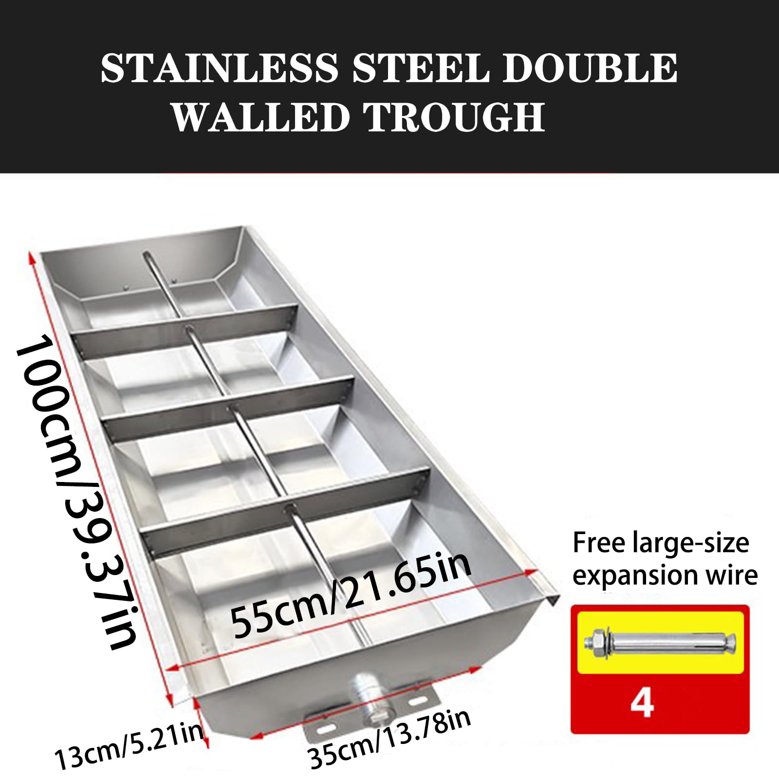 100cm Comedero para Cerdos Comedero para Ganado Comedero para Lechones De Acero Resistente, Comedero De Canaleta Multiusos Comedero con Valla Separada, De Acero Galvanizado,Plata,100cm