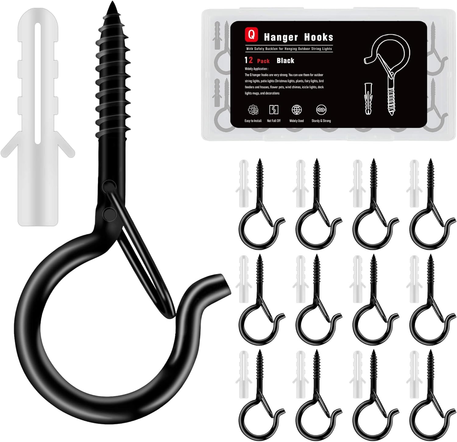 48 Pack Black Screw Hooks with Safety Buckle - 2.3 Inch Rustproof Eye Ceiling Hooks for Hanging Plants,Outdoor String Lights,Baskets,Christmas Lights & Decor,40lb Capacity (48, Black)