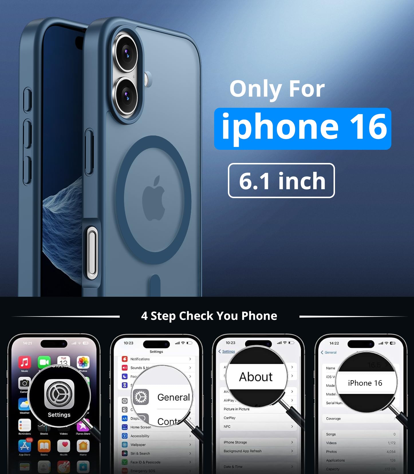 Vansdon Cover Magnetica per iPhone 16 con 1 Pezzi Vetro Temperato, Compatibile con Magsafe, Protezione anticaduta di livello militare, Custodia Traslucida Opaca Sottile Antiurto-Blu Profondo