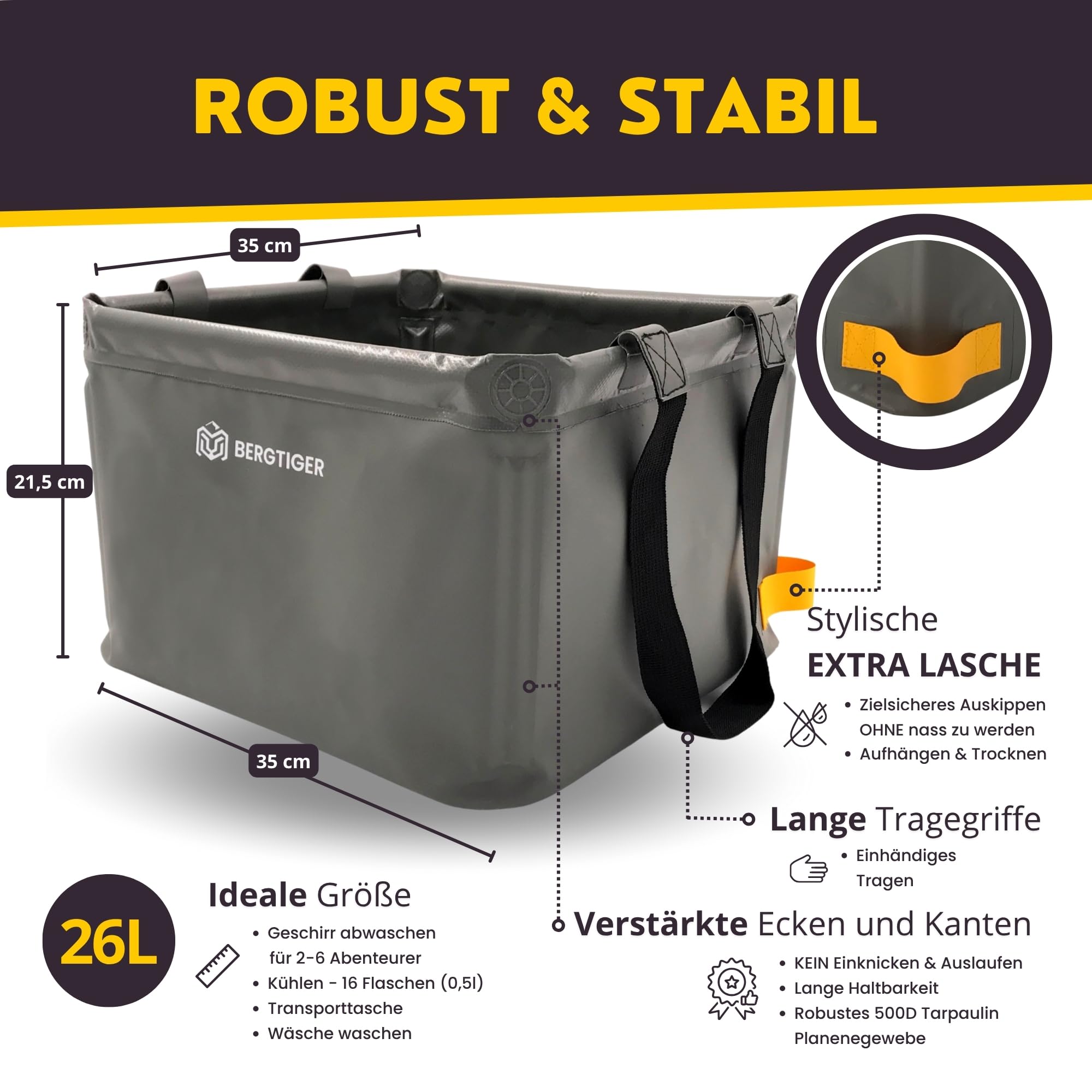 Faltschüssel Camping 18/22/26L mit EXTRA GRIFF I Faltbare Outdoor Spülschüssel & Spülwanne I Waschschüssel faltbar zum Abwaschen I robustes Camping Zubehör (Anthrazitgrau/Gelb - 26 Liter)