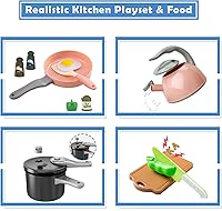 Vista 6 de Bruvoalon Juego de 67 piezas de juguetes de cocina para niños, juego de cocina de simulación para niños pequeños con ollas, sartenes, utensilios