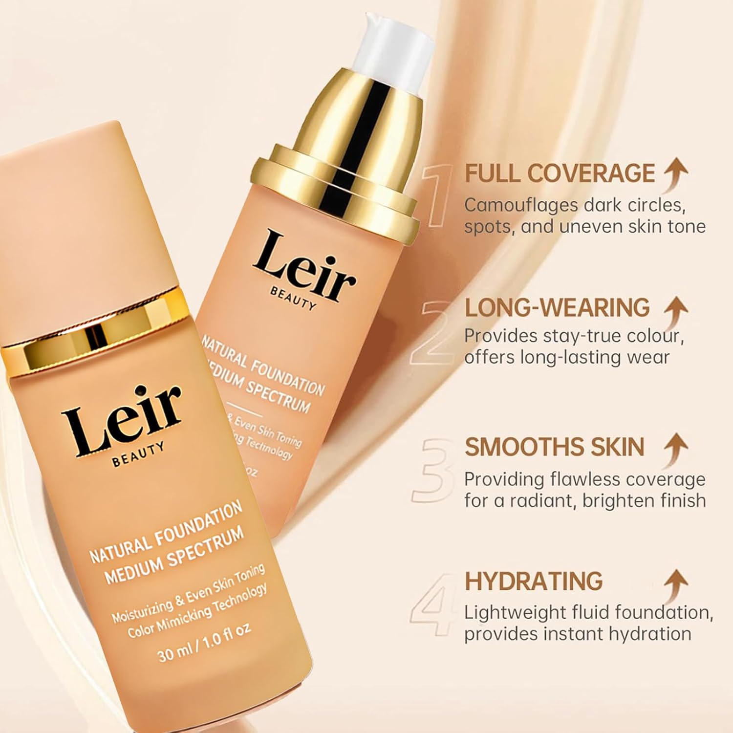 Leir Beauty Foundation, Leir Foundation 4 in 1 - Medium Spectrum, Spf 50+ Hydrating Color-Changing Foundation Concealer, Longwearing and Waterproof for All Skin Types (1PCS)
