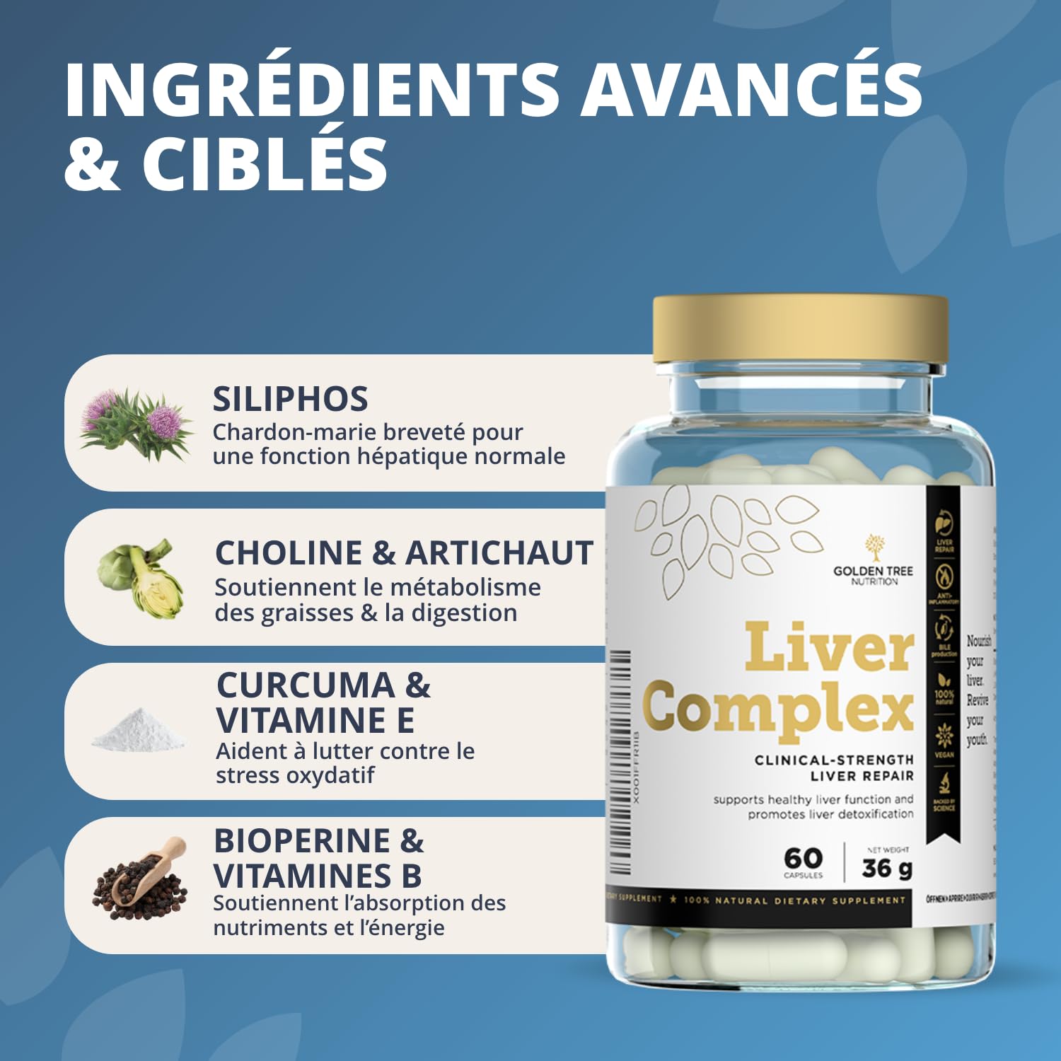 Golden Tree Liver Complex - Complément Alimentaire Herbal avec Chardon-Marie, Pissenlit, Artichaut, Curcuma, Choline, Vitamines B6 B12 D3 E et Poivre Noir - 60 Gélules