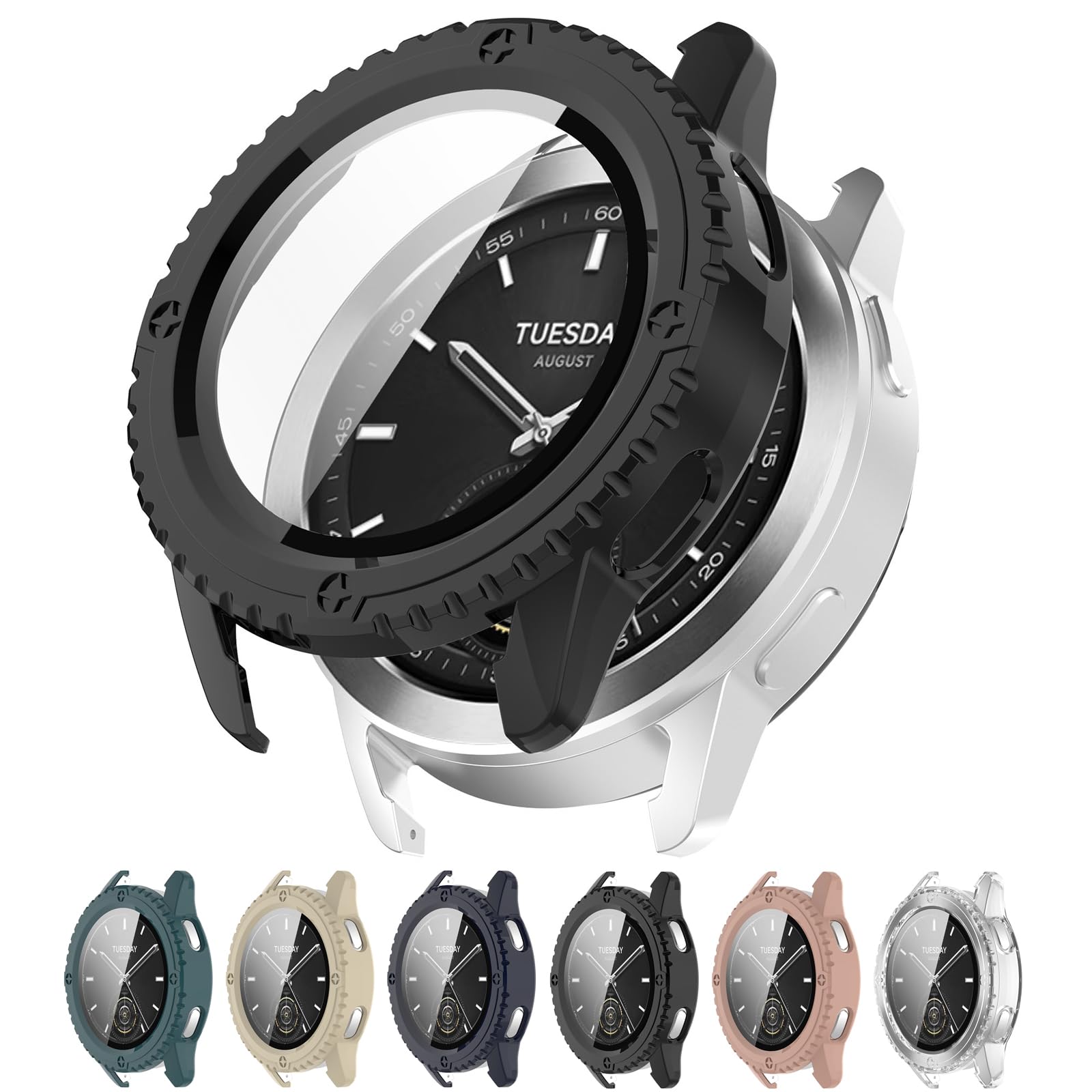 LOKEKE Compatible with Xiaomi Watch S3 Full Coverage PC Protective Case Cover Tempered Glass Screen Protector(PC Black)